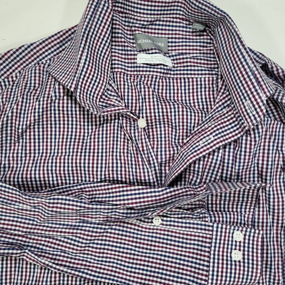 Michael Kors‎ Men's Large 16 32/33 Slim Travel Stretch Long Sleeve Shirt Gingham